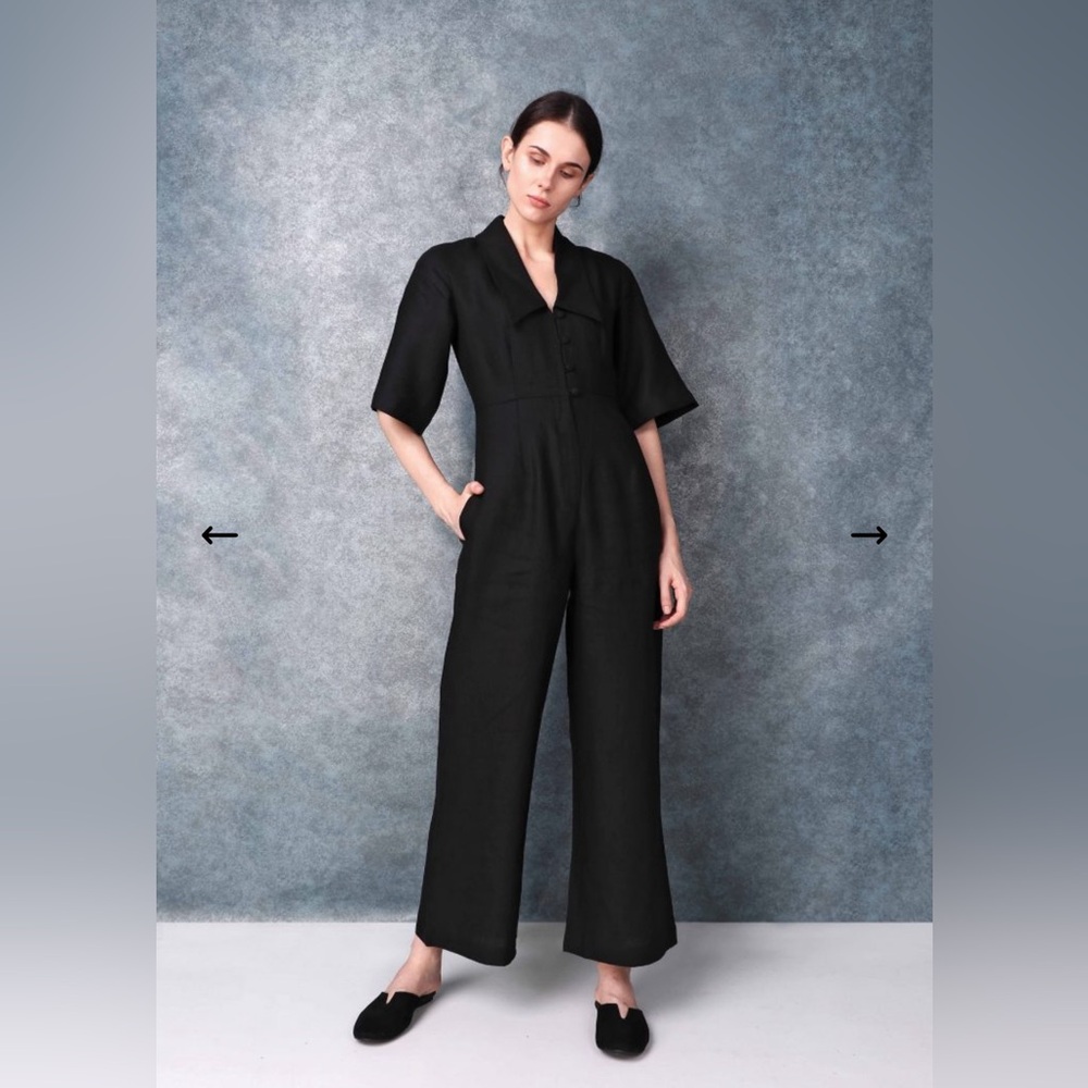 NWT Turn Black Rising Phoenix Bell Sleeved Darted Black Linen Jumpsuit
